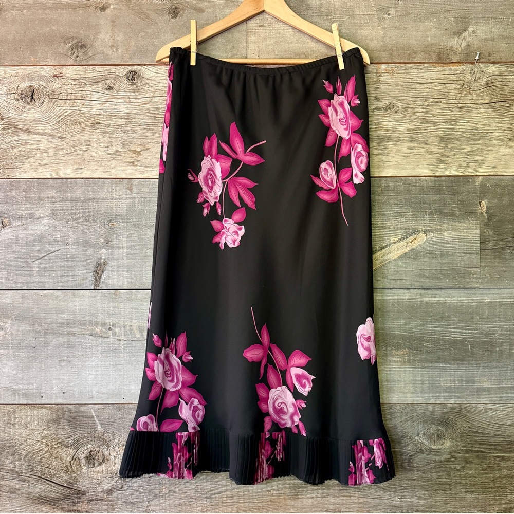 Vintage Whimsigoth Midi Skirt Dark Fairy Gothic Black Pink Floral Pull-on 14